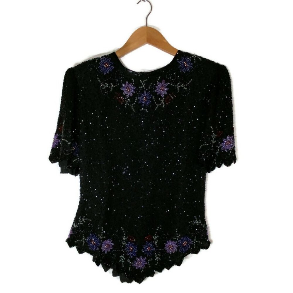 Vtg. Laurence Kazar Sz M Silk Beaded Top Short Sleeve Black Floral